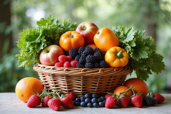 Frutas y verduras frescas en una cesta, representando una dieta balanceada.
