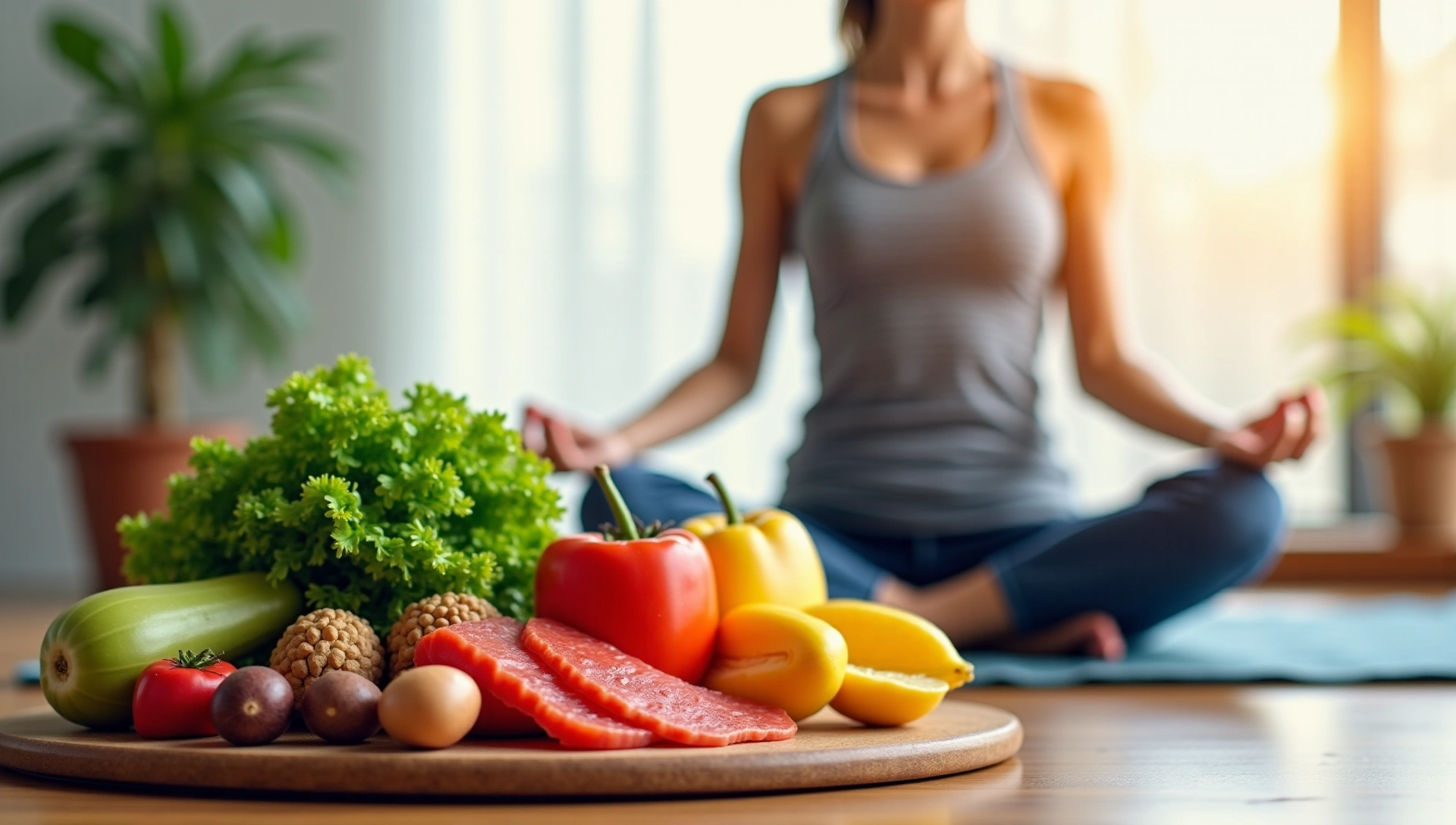 Mesa con alimentos frescos y saludables y una persona vibrante.