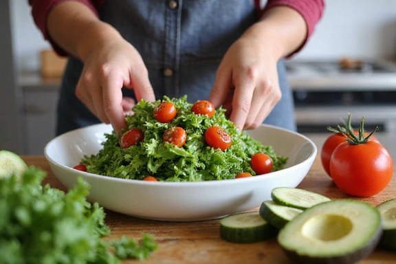 Persona preparando una ensalada colorida, mostrando comida saludable y fácil.