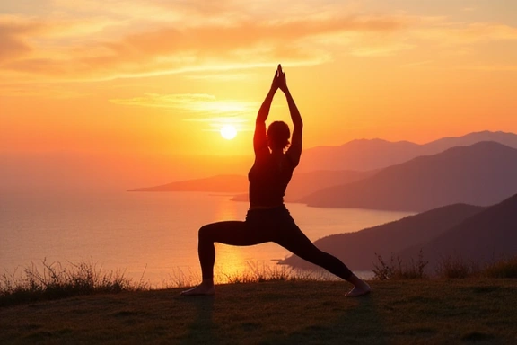 Persona haciendo yoga al amanecer, simbolizando bienestar y vida activa.