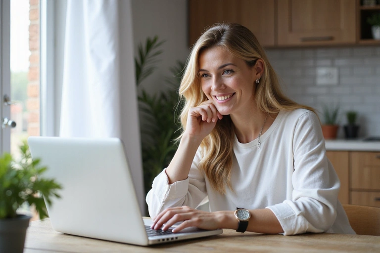 Mujer sonriendo mientras hace una videollamada de consulta nutricional online